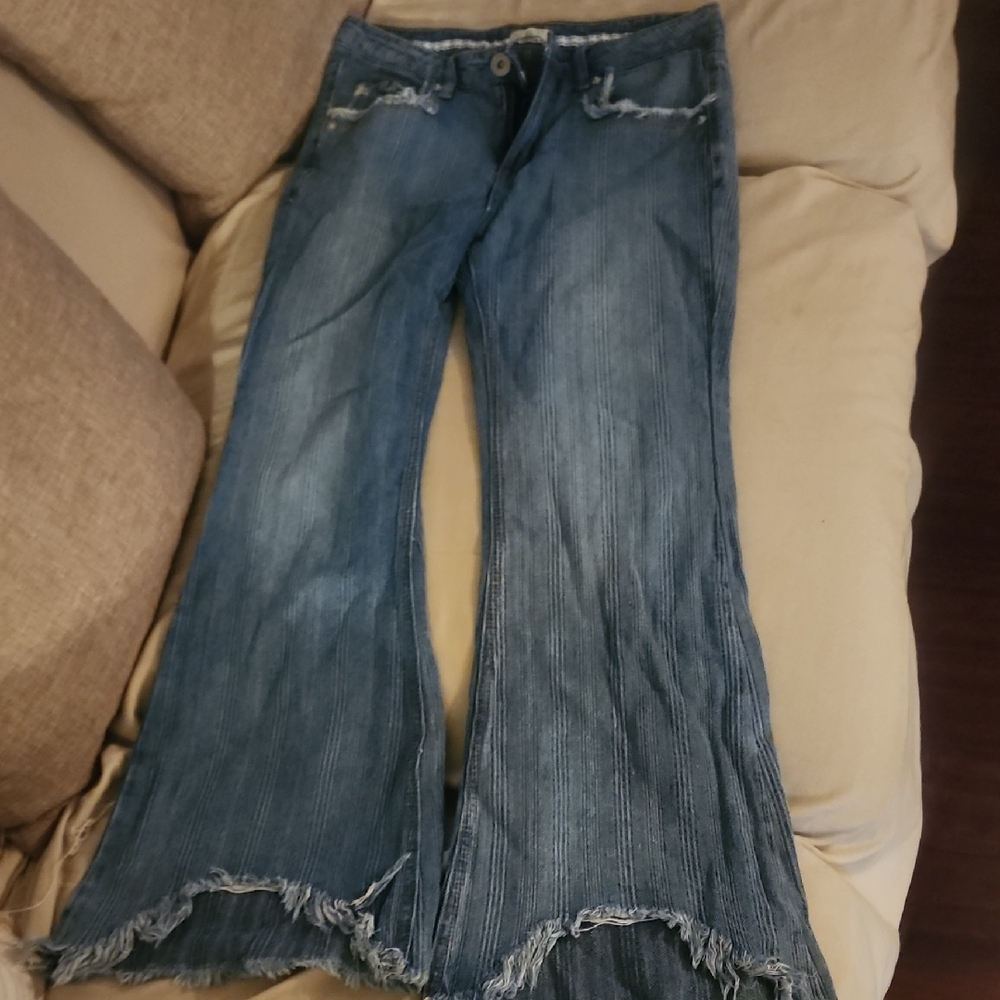 POL Blue Flare Wide Leg Jeans with Distressed Hem